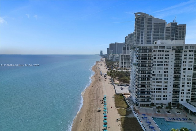 view of water feature with a beach view