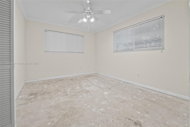 unfurnished room with ceiling fan and ornamental molding