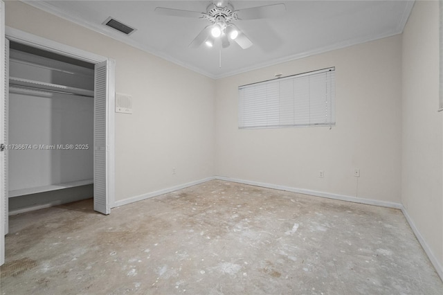 unfurnished bedroom with ornamental molding, ceiling fan, and a closet