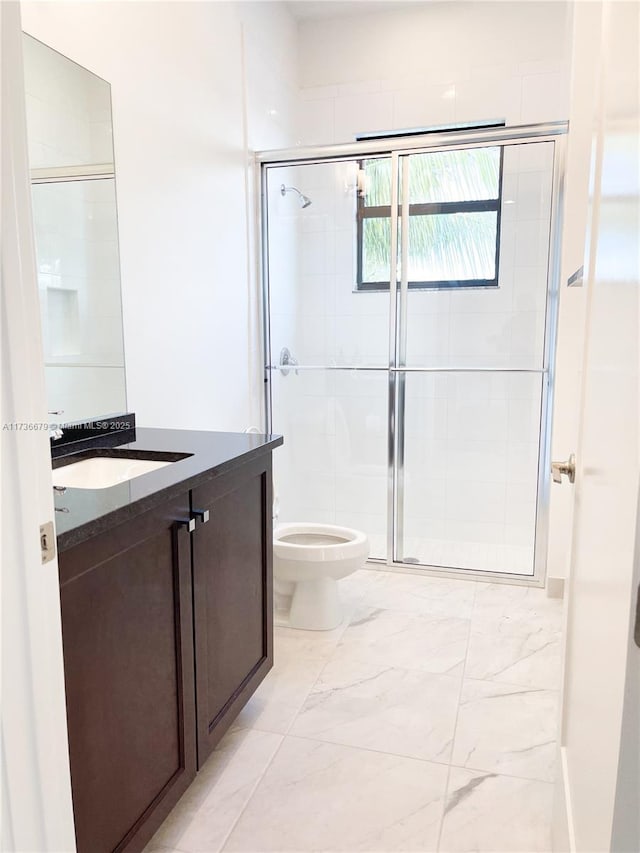 bathroom with vanity, a shower with shower door, and toilet