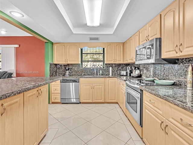 kitchen with light brown cabinets, a tray ceiling, stainless steel appliances, and a sink