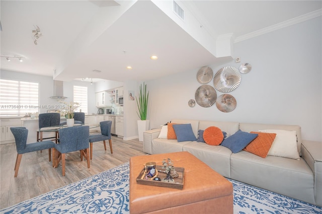 living room with ornamental molding, rail lighting, and light wood-type flooring