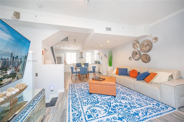 living room with wood-type flooring and ornamental molding