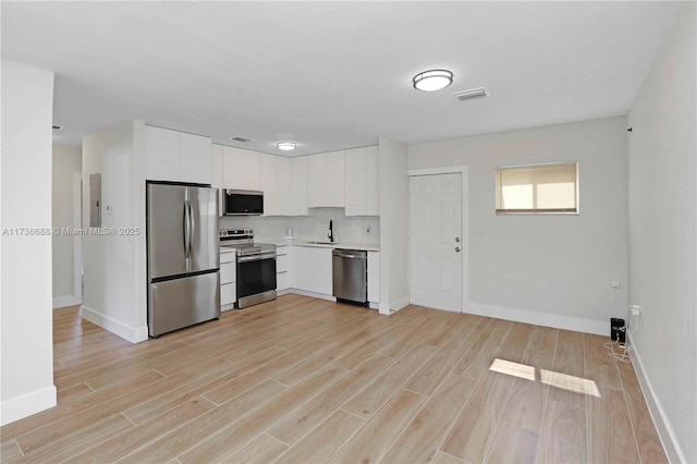 kitchen with white cabinetry, stainless steel appliances, electric panel, and sink