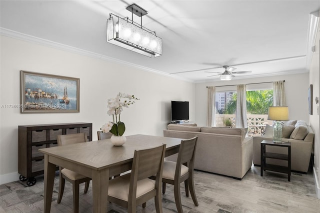 dining space featuring crown molding, ceiling fan, and light hardwood / wood-style flooring