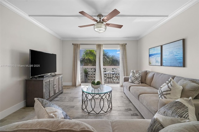 living room with ceiling fan, ornamental molding, and light hardwood / wood-style floors