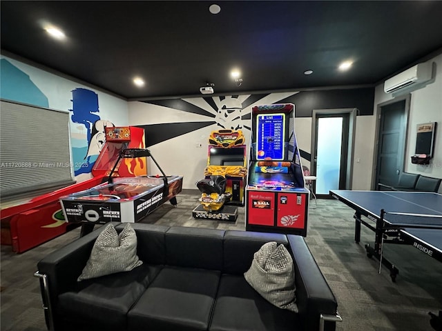 playroom featuring carpet and an AC wall unit