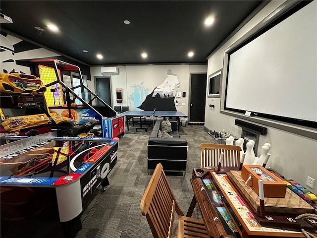 home theater featuring carpet floors and an AC wall unit