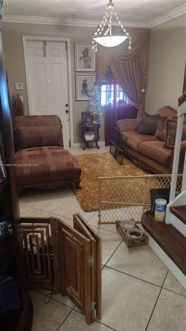 tiled living room featuring crown molding