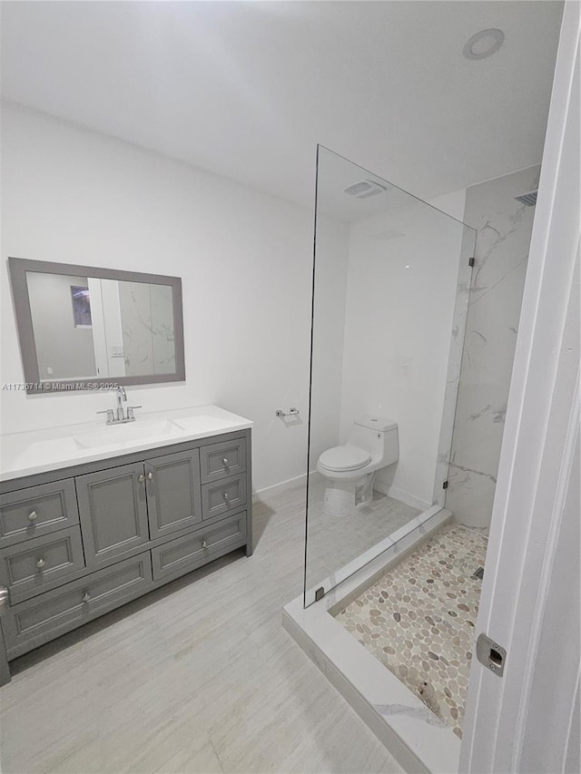 bathroom with vanity, a tile shower, and toilet