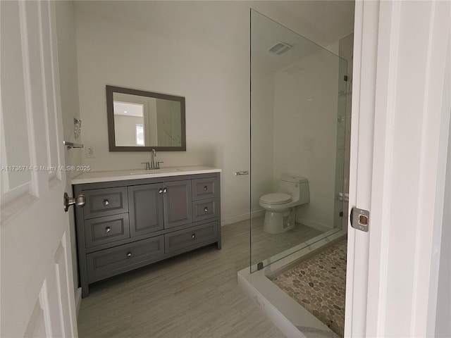 bathroom with vanity, wood-type flooring, and toilet