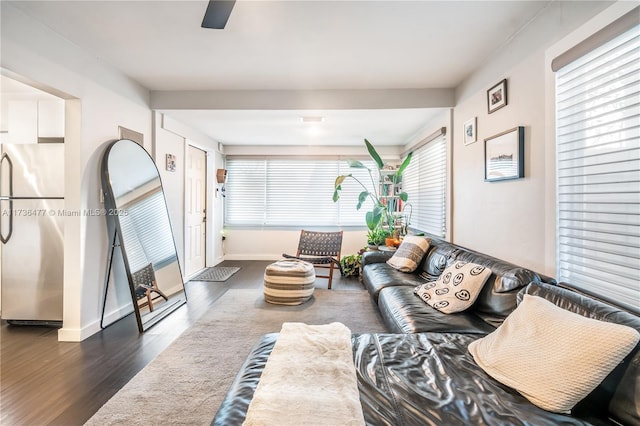 living area featuring baseboards and dark wood finished floors