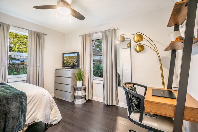 bedroom featuring multiple windows, ceiling fan, and dark hardwood / wood-style flooring