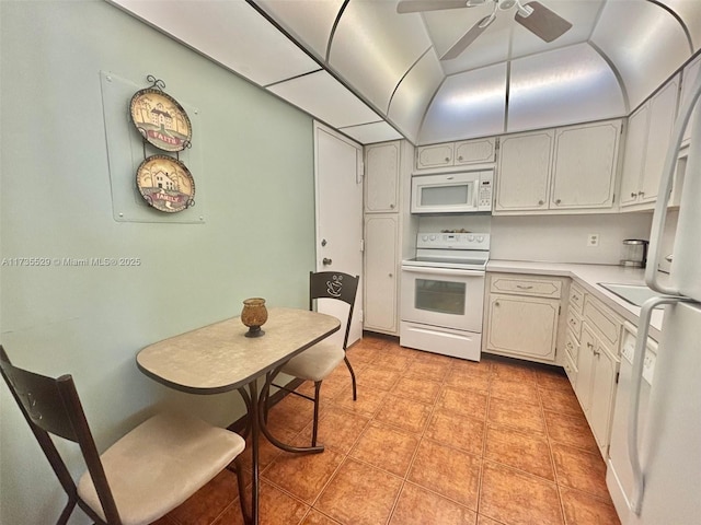 kitchen with white cabinetry, white appliances, and ceiling fan