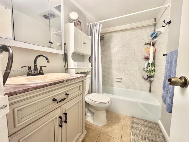 full bathroom featuring tile patterned flooring, vanity, shower / bath combination with curtain, and toilet