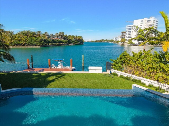 exterior space with a lawn, a boat dock, and a water view