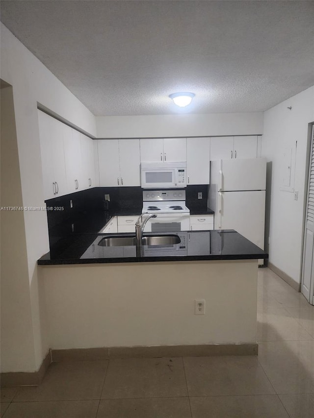 kitchen with white cabinetry, sink, white appliances, and kitchen peninsula