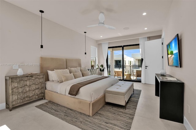 bedroom featuring access to outside and ceiling fan