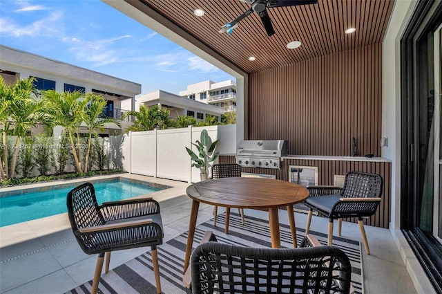 view of patio / terrace with ceiling fan, grilling area, and a fenced in pool