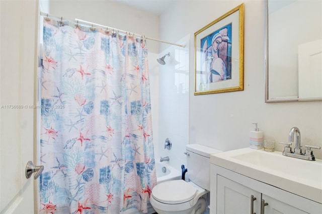 full bathroom featuring shower / bath combination with curtain, vanity, and toilet