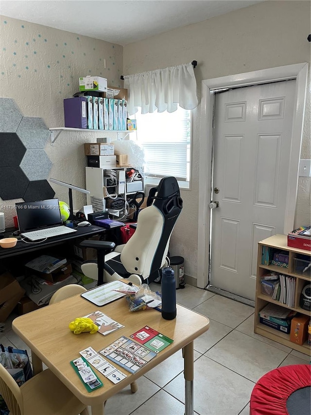 home office with light tile patterned floors