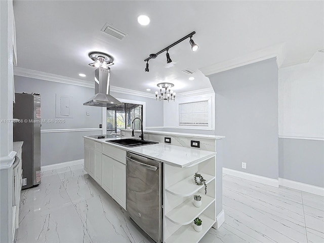 kitchen with white cabinetry, sink, island exhaust hood, stainless steel appliances, and a center island with sink