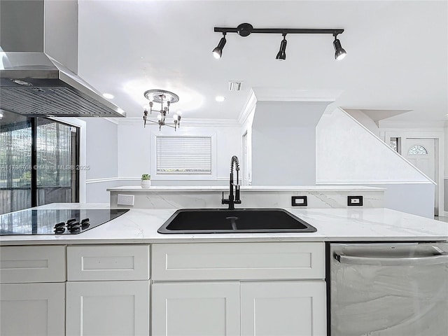 kitchen with black electric cooktop, stainless steel dishwasher, white cabinetry, and island exhaust hood