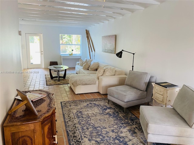 living room with beamed ceiling