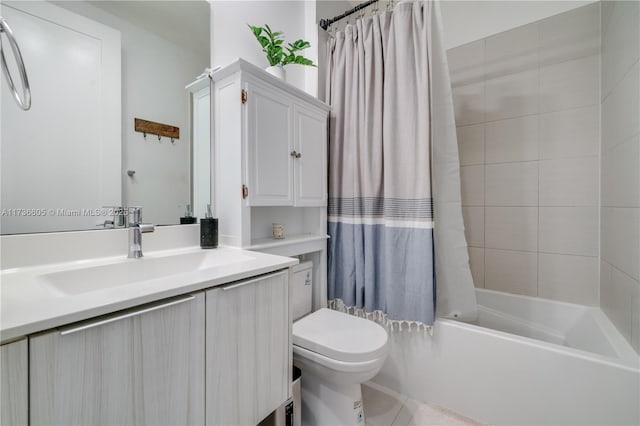 full bathroom with vanity, shower / bathtub combination with curtain, and toilet