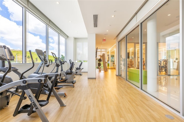 exercise room featuring light wood-type flooring