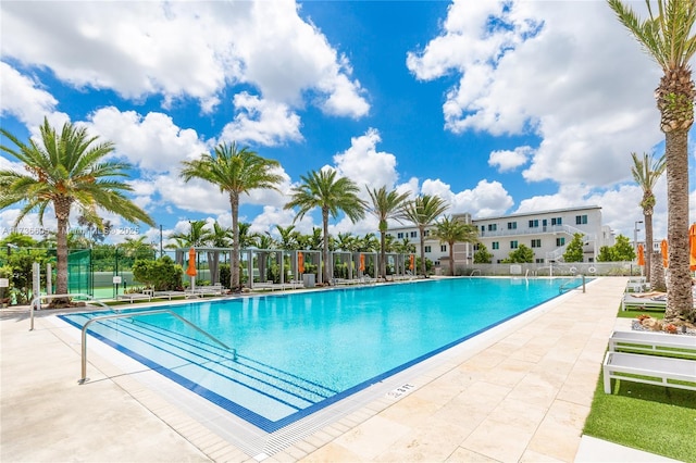 view of swimming pool with a patio area