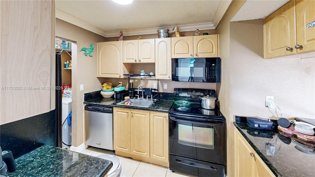 kitchen with light brown cabinetry, sink, ornamental molding, and black appliances