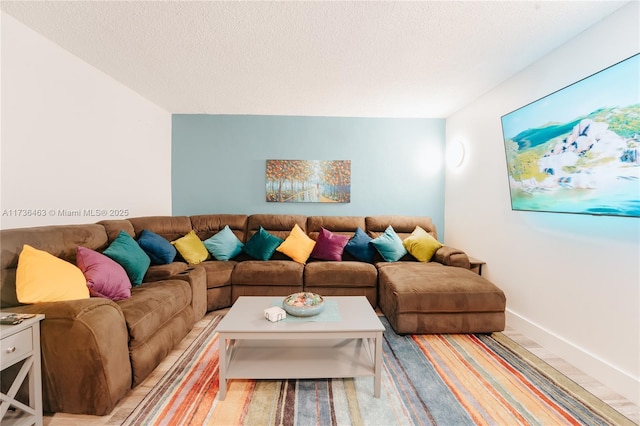 living room with a textured ceiling