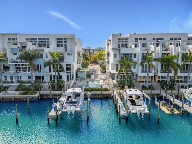 view of swimming pool featuring a boat dock and a water view