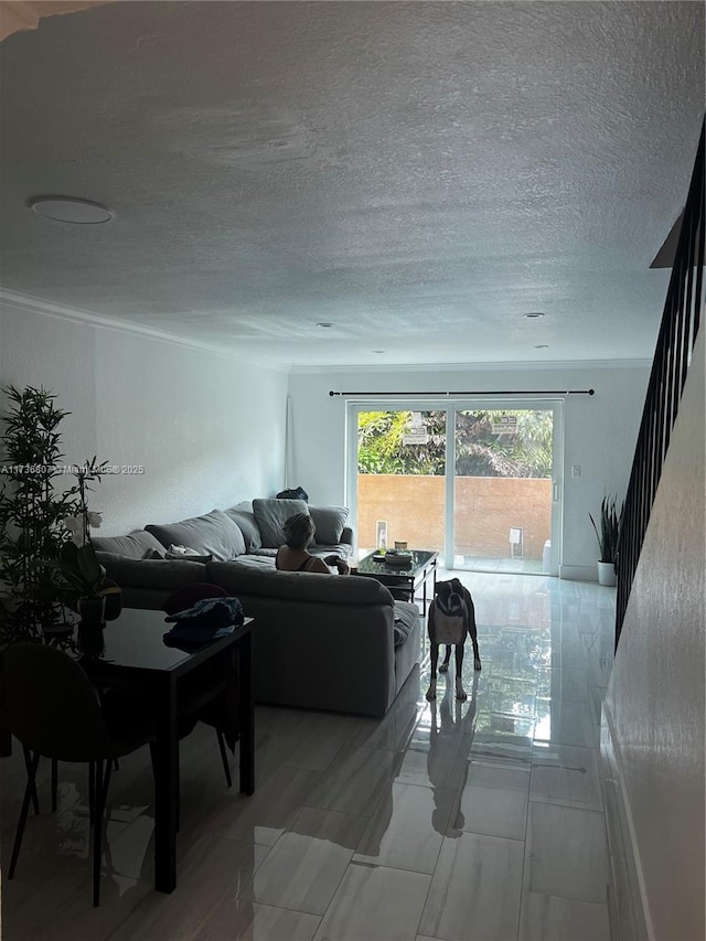 living room featuring a textured ceiling