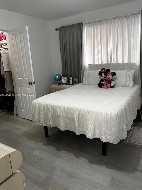 bedroom featuring wood-type flooring, a spacious closet, and a closet