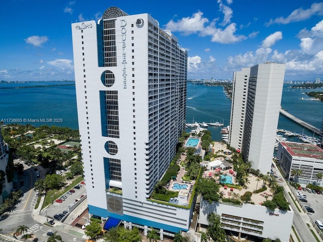 bird's eye view with a water view and a city view