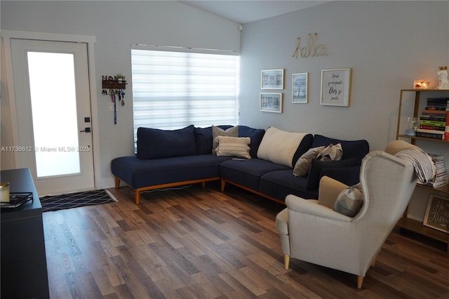 living room featuring dark wood-type flooring and lofted ceiling