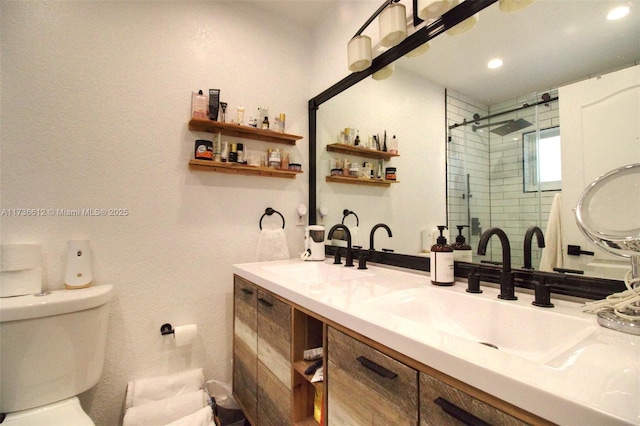 full bath featuring a shower stall, vanity, and toilet