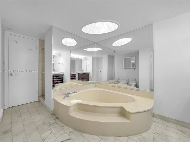 bathroom featuring a bidet, shower with separate bathtub, and toilet