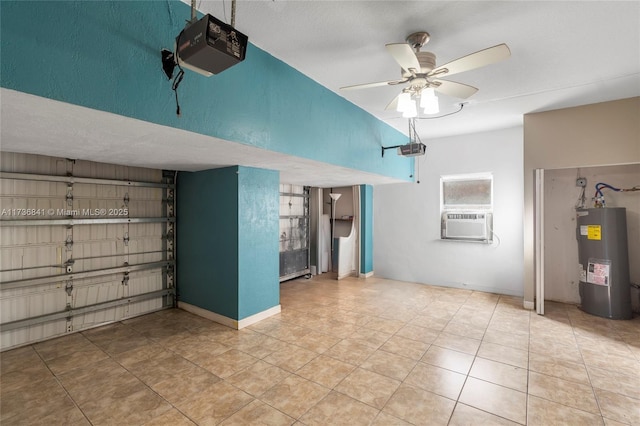 garage featuring cooling unit, a garage door opener, water heater, and ceiling fan