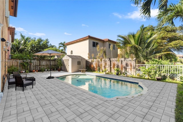 view of swimming pool with a shed and a patio