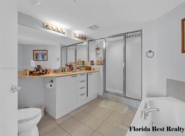 full bathroom with tile patterned flooring, plus walk in shower, vanity, and toilet