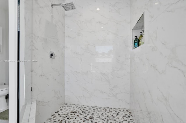 bathroom featuring a tile shower and toilet