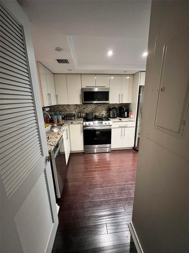 kitchen with appliances with stainless steel finishes, dark hardwood / wood-style floors, tasteful backsplash, white cabinetry, and a tray ceiling