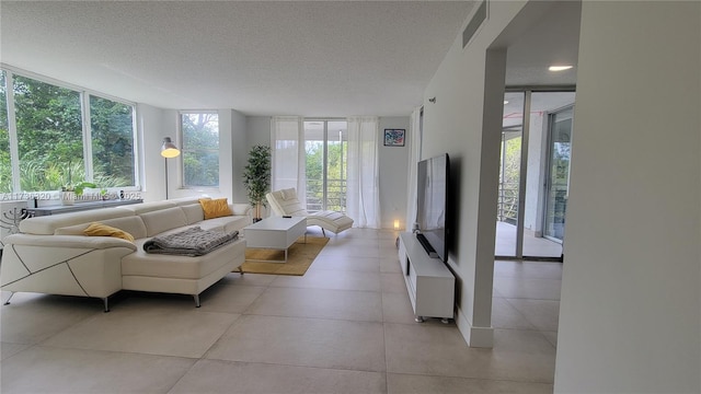 living room with a textured ceiling