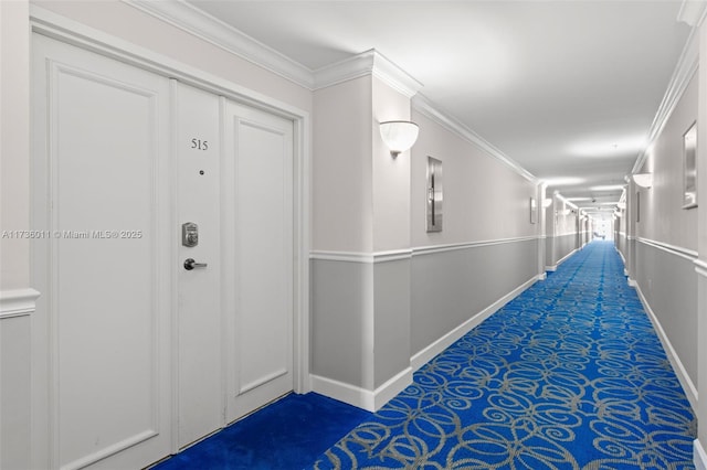 corridor featuring ornamental molding and carpet flooring