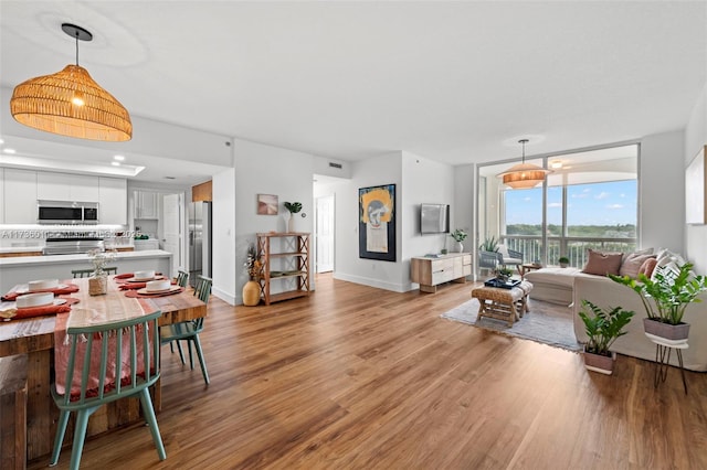 living room with expansive windows and light hardwood / wood-style floors