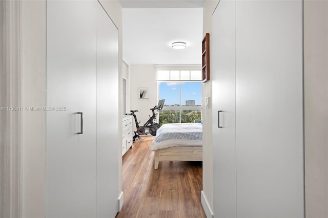 bedroom with floor to ceiling windows and hardwood / wood-style floors