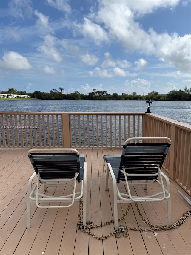 wooden terrace featuring a water view